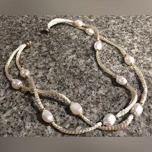 New HONORA Silver Woven Silk White Cultured Freshwater Pearl Necklace 925 Clasp